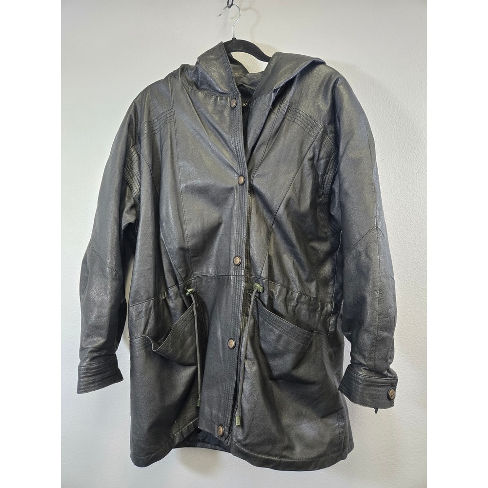D.A.N.Y.‎ Vintage Black Leather Hooded Parka Jacket Oklahoma Buttons Medium